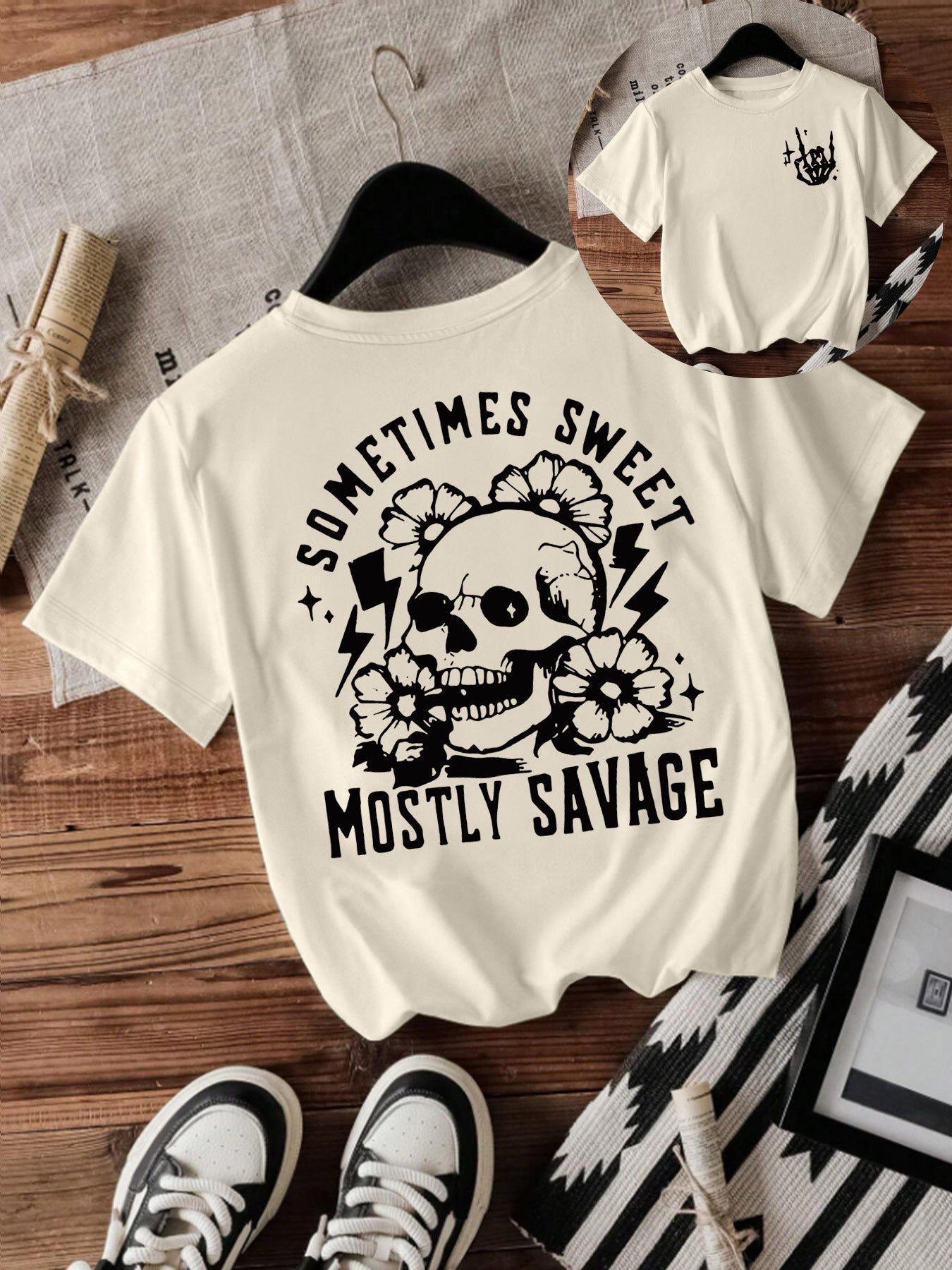 T-shirt women Halloween skull round neck