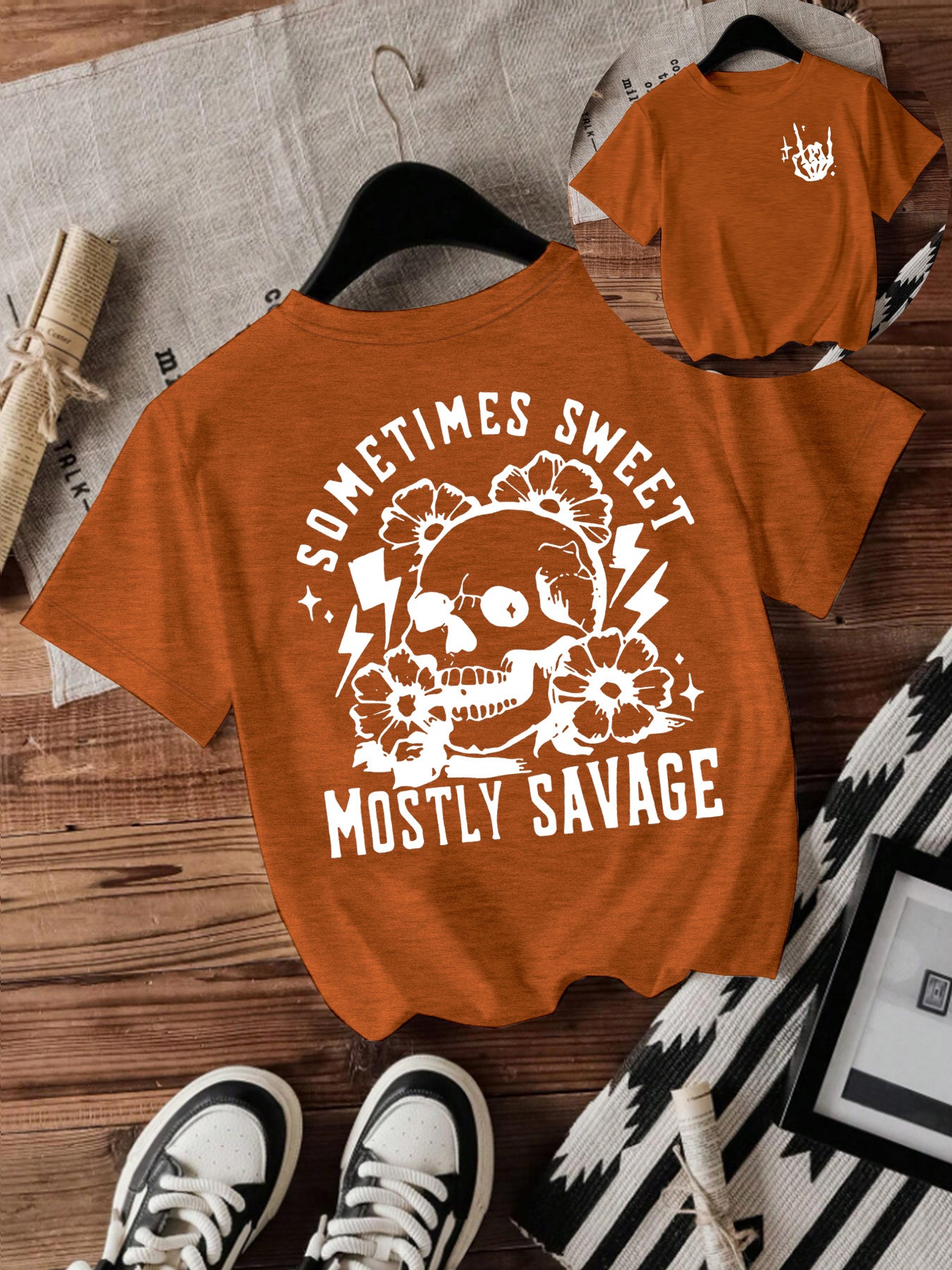 T-shirt women Halloween skull round neck