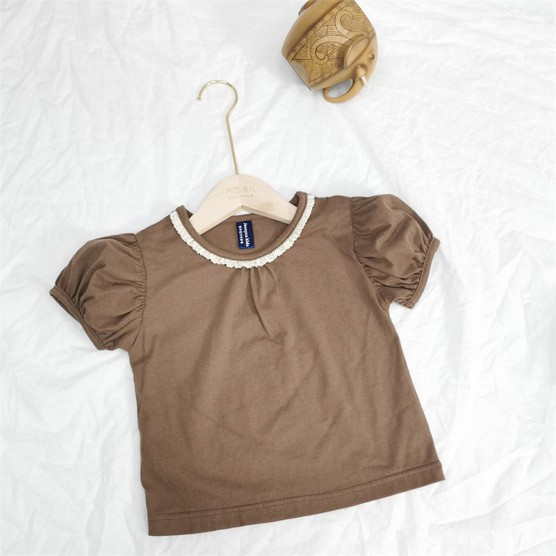 Sweet lace round neck bubble sleeves cute short sleeved t-shirt