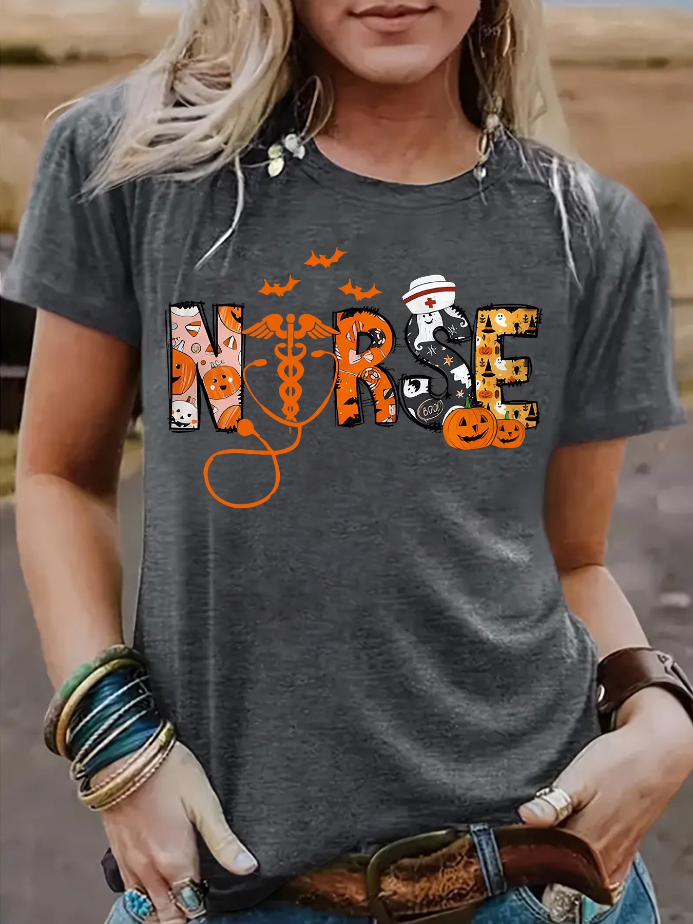 Halloween printed short sleeved t-shirt for women