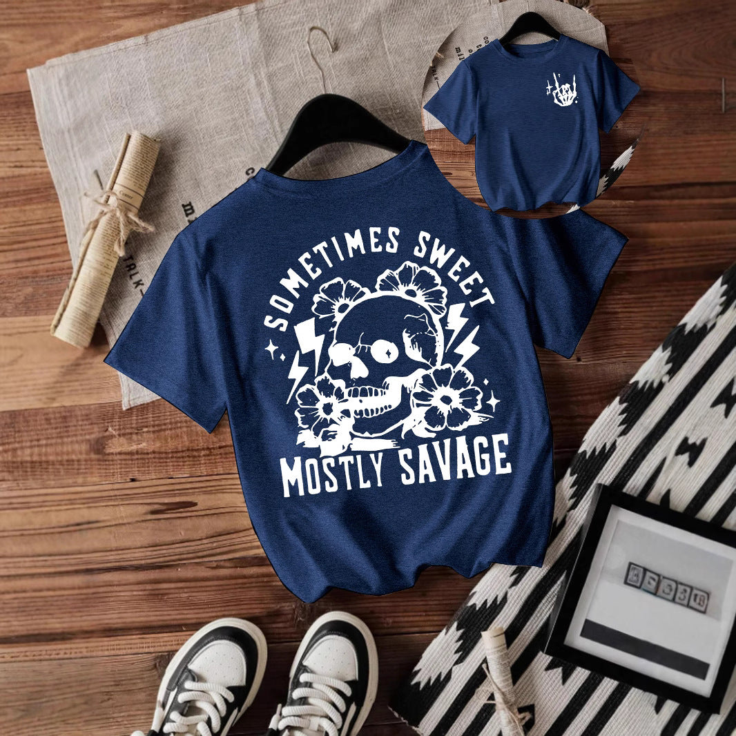 T-shirt women Halloween skull round neck