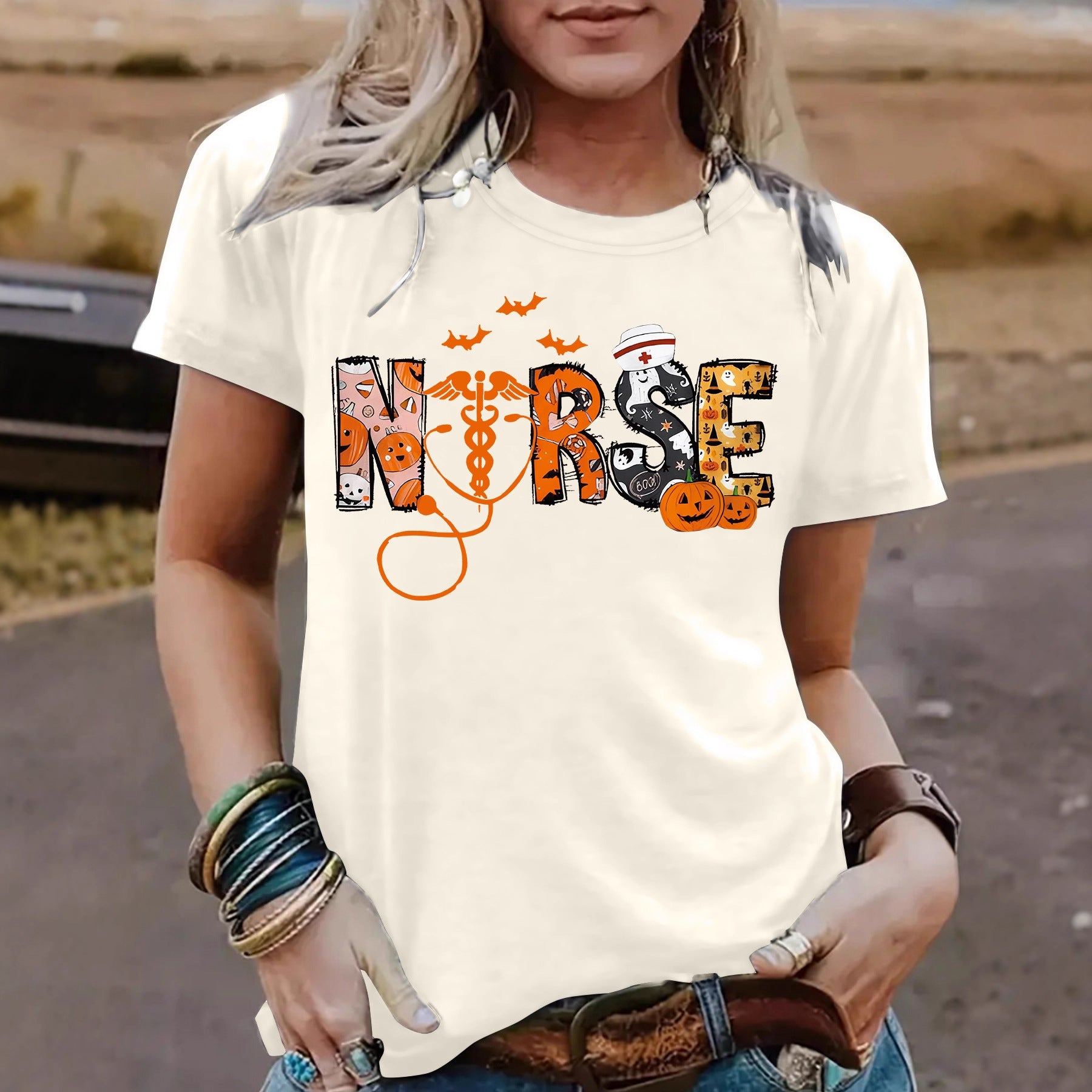 Halloween printed short sleeved t-shirt for women