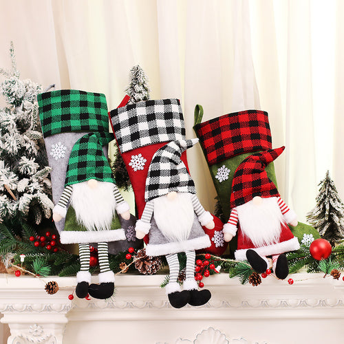 Christmas Day Decoration Red Black White Grid Faceless Forester Christmas Socks Dwarf Hanging Doll Candy Gift Bag