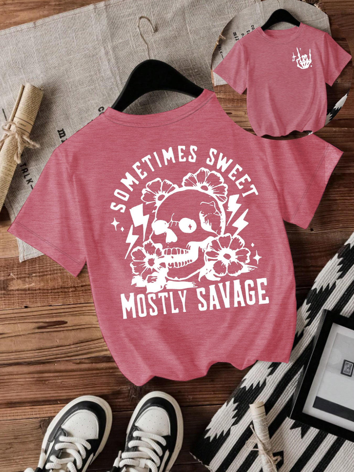 T-shirt women Halloween skull round neck