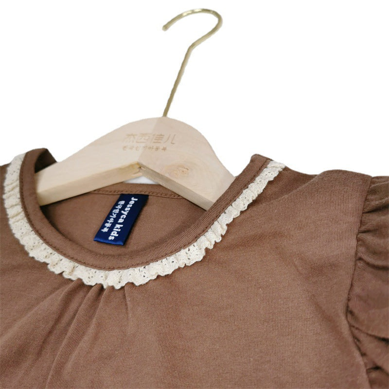 Sweet lace round neck bubble sleeves cute short sleeved t-shirt