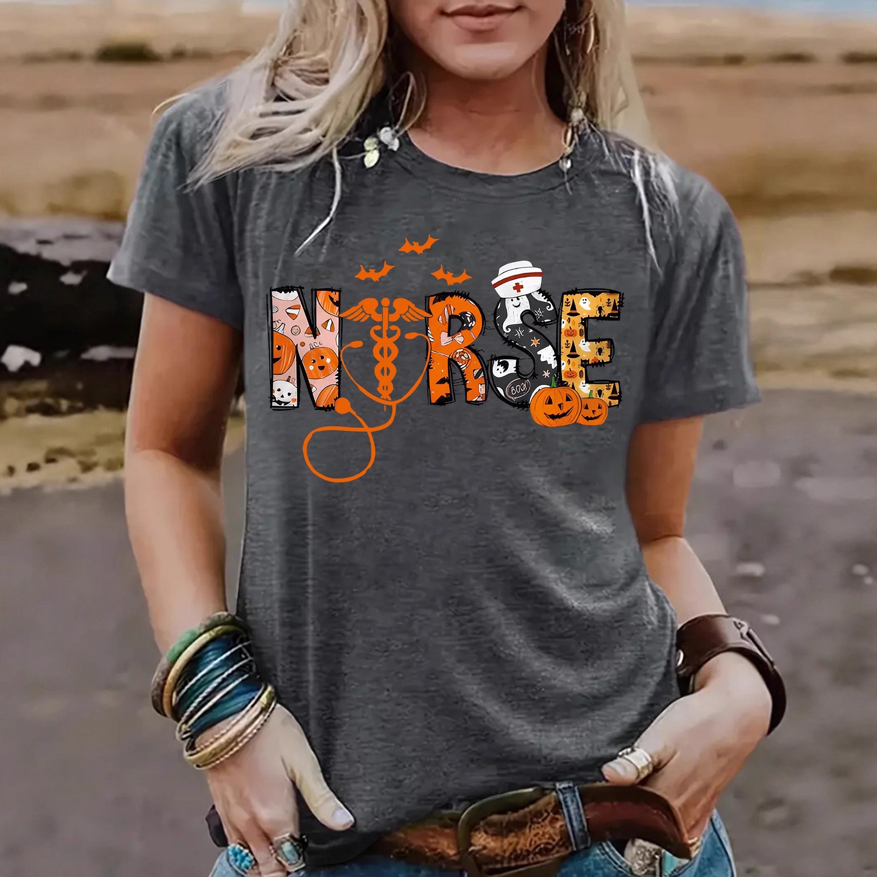 Halloween printed short sleeved t-shirt for women