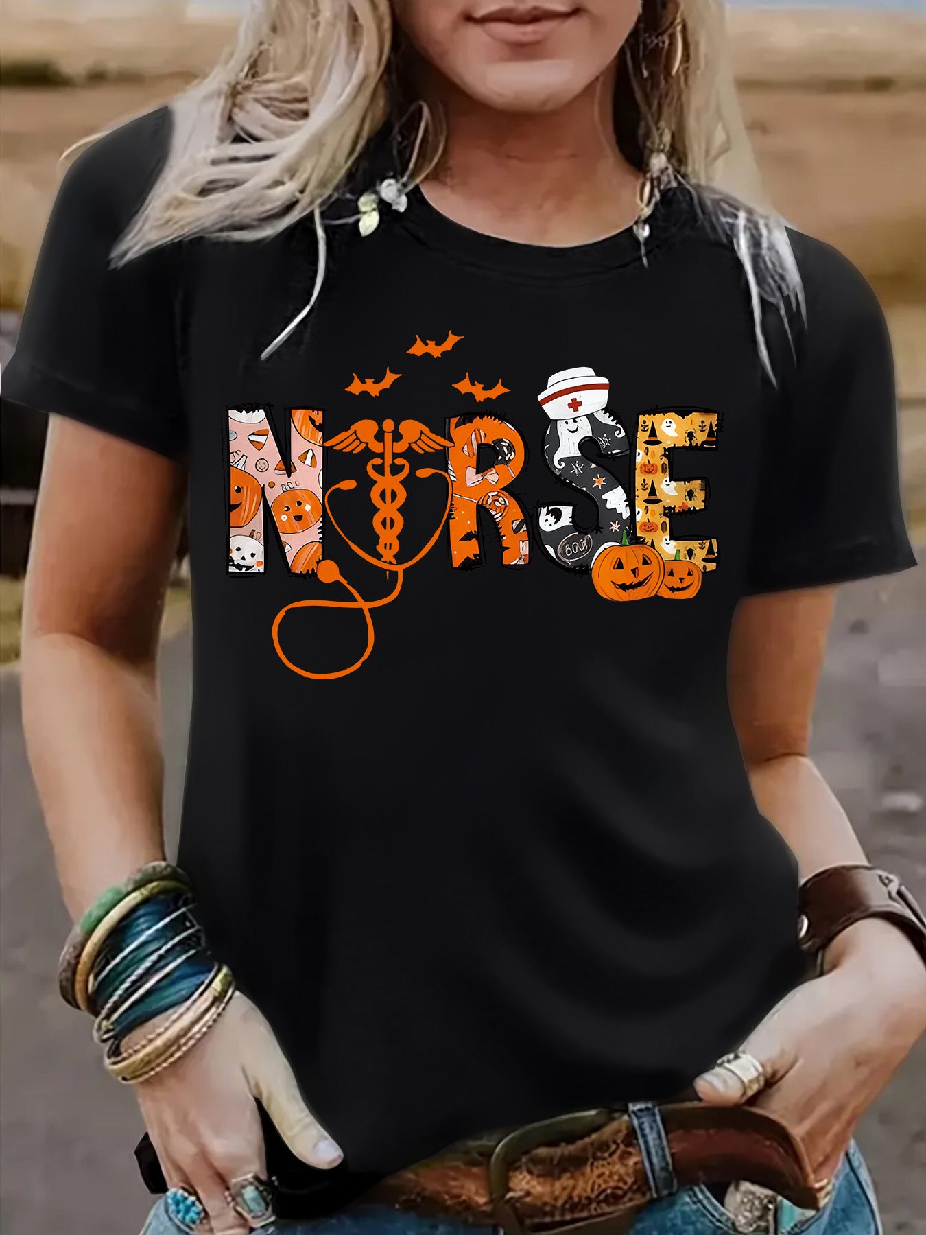 Halloween printed short sleeved t-shirt for women