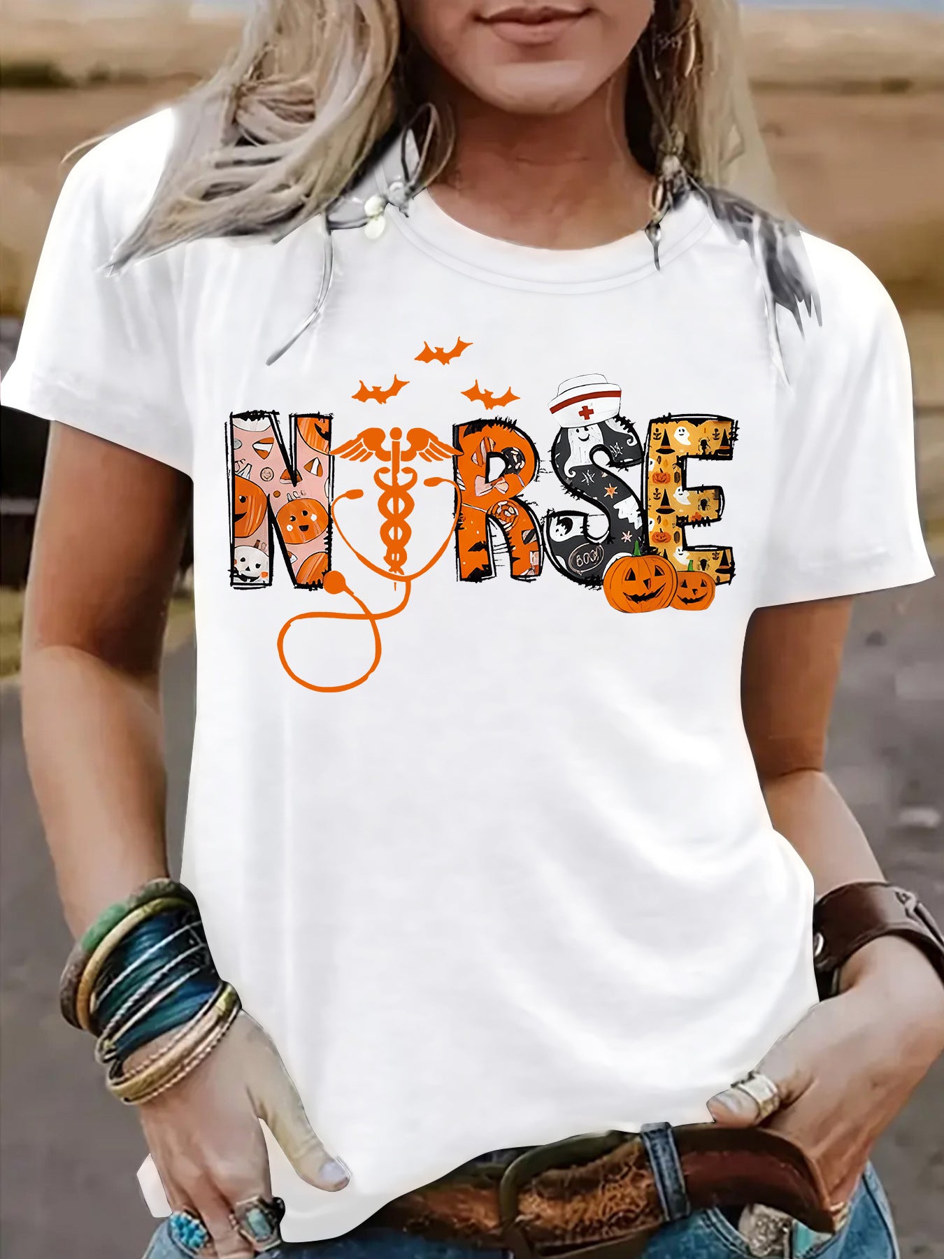 Halloween printed short sleeved t-shirt for women
