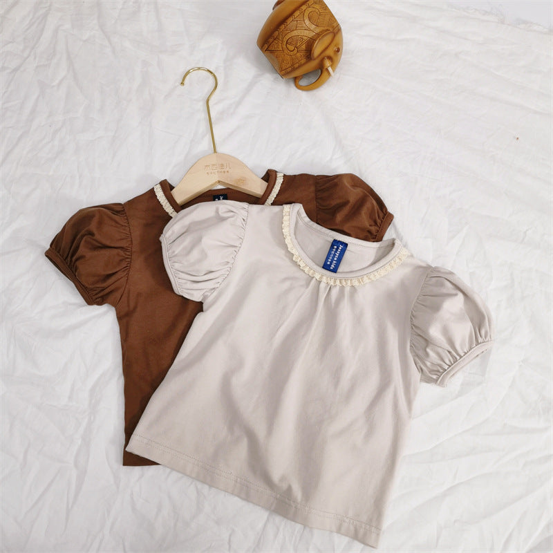 Sweet lace round neck bubble sleeves cute short sleeved t-shirt