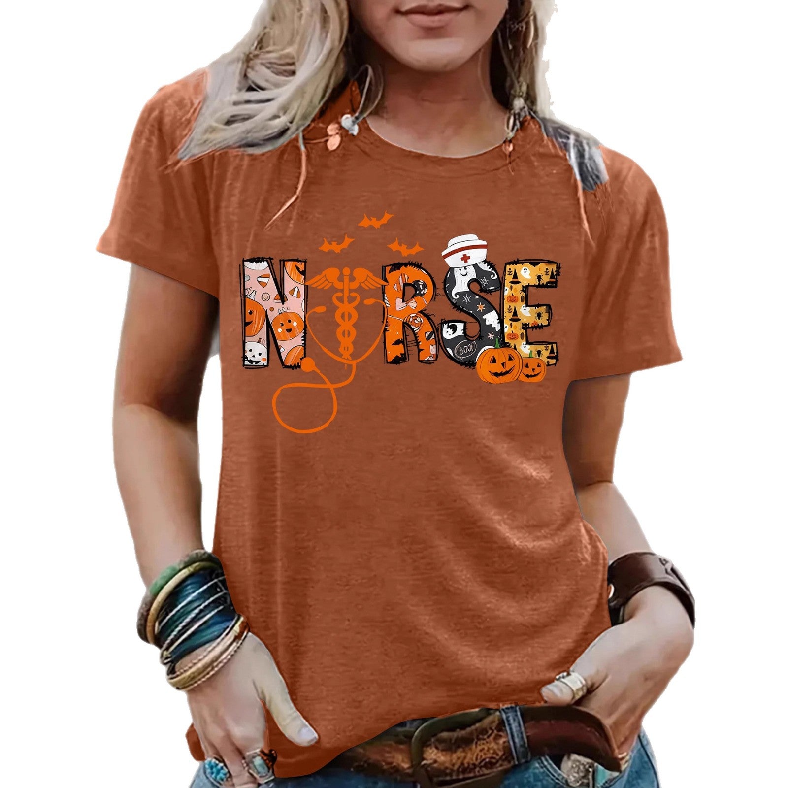 Halloween printed short sleeved t-shirt for women