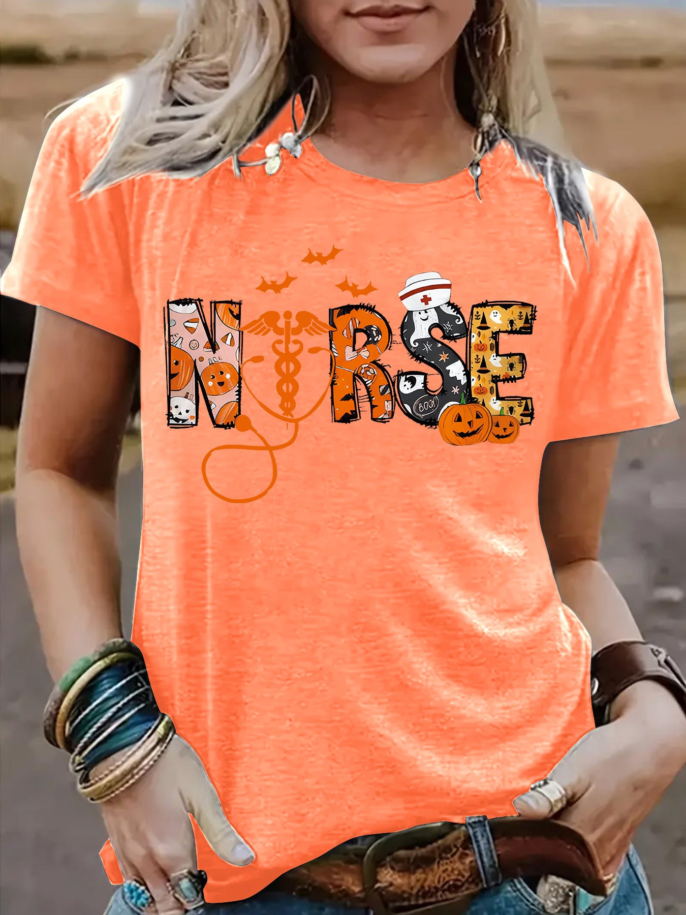Halloween printed short sleeved t-shirt for women