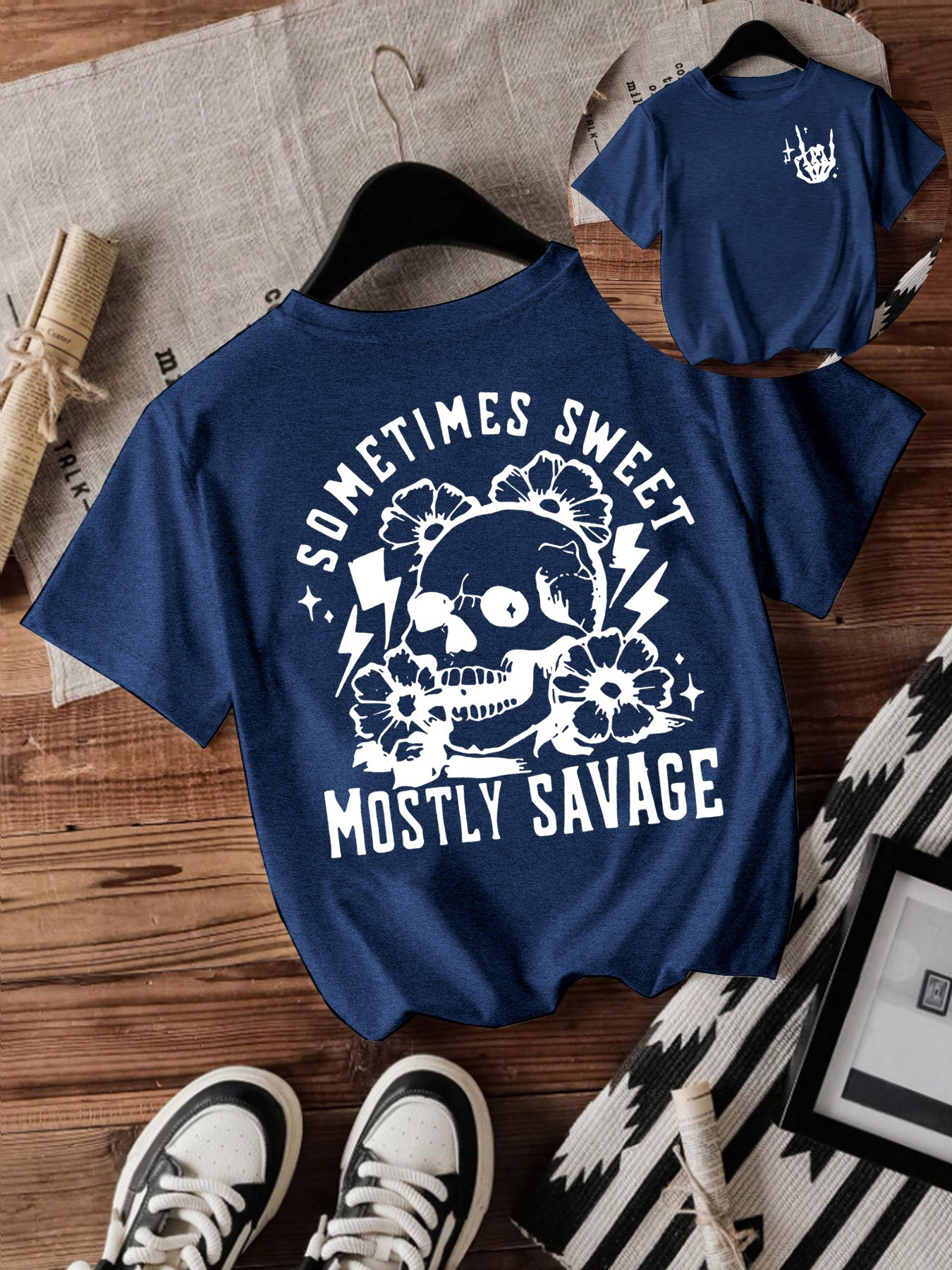 T-shirt women Halloween skull round neck