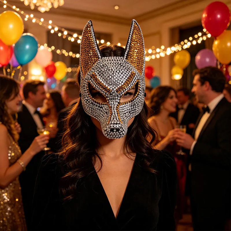 Sparkly Anubis Mask, Rhinestone Egyptian God Mask for Halloween & Masquerade Party