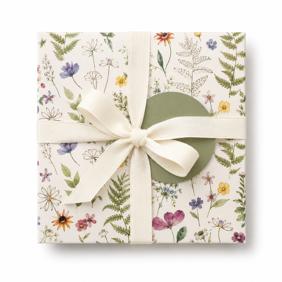 A square gift box wrapped in cream-colored paper with a delicate botanical pattern of wildflowers and ferns, tied with a cream ribbon and bow. 