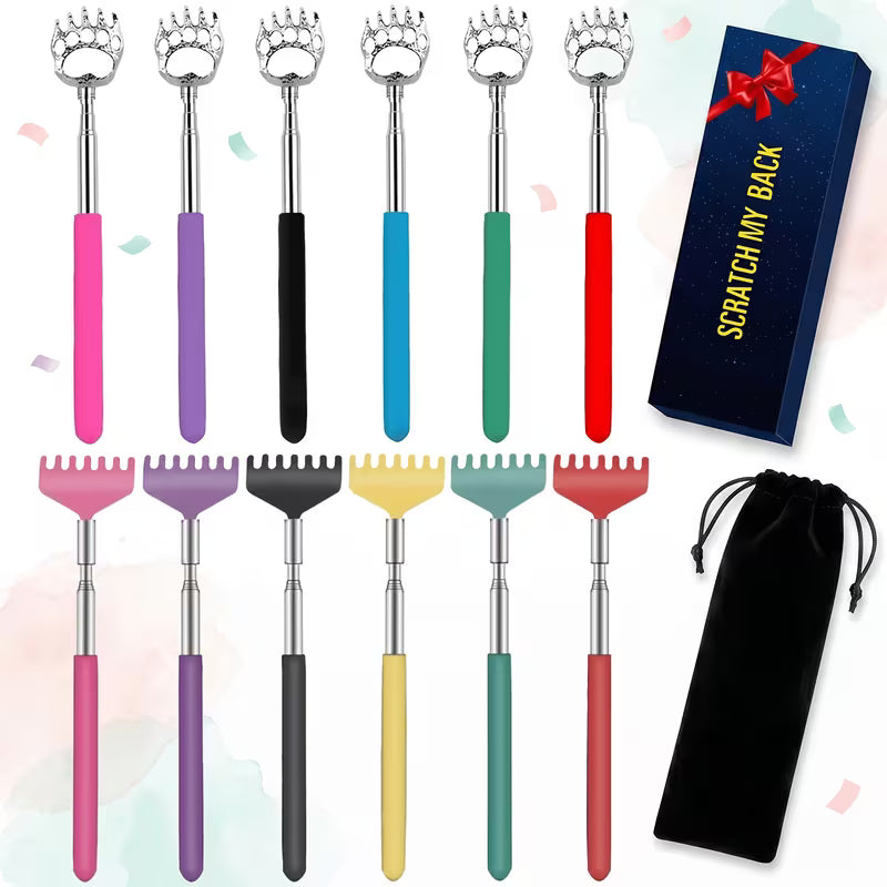 Extendable back scratcher set showing Bear Claw and Rake styles in multiple colors with gift box and storage pouch